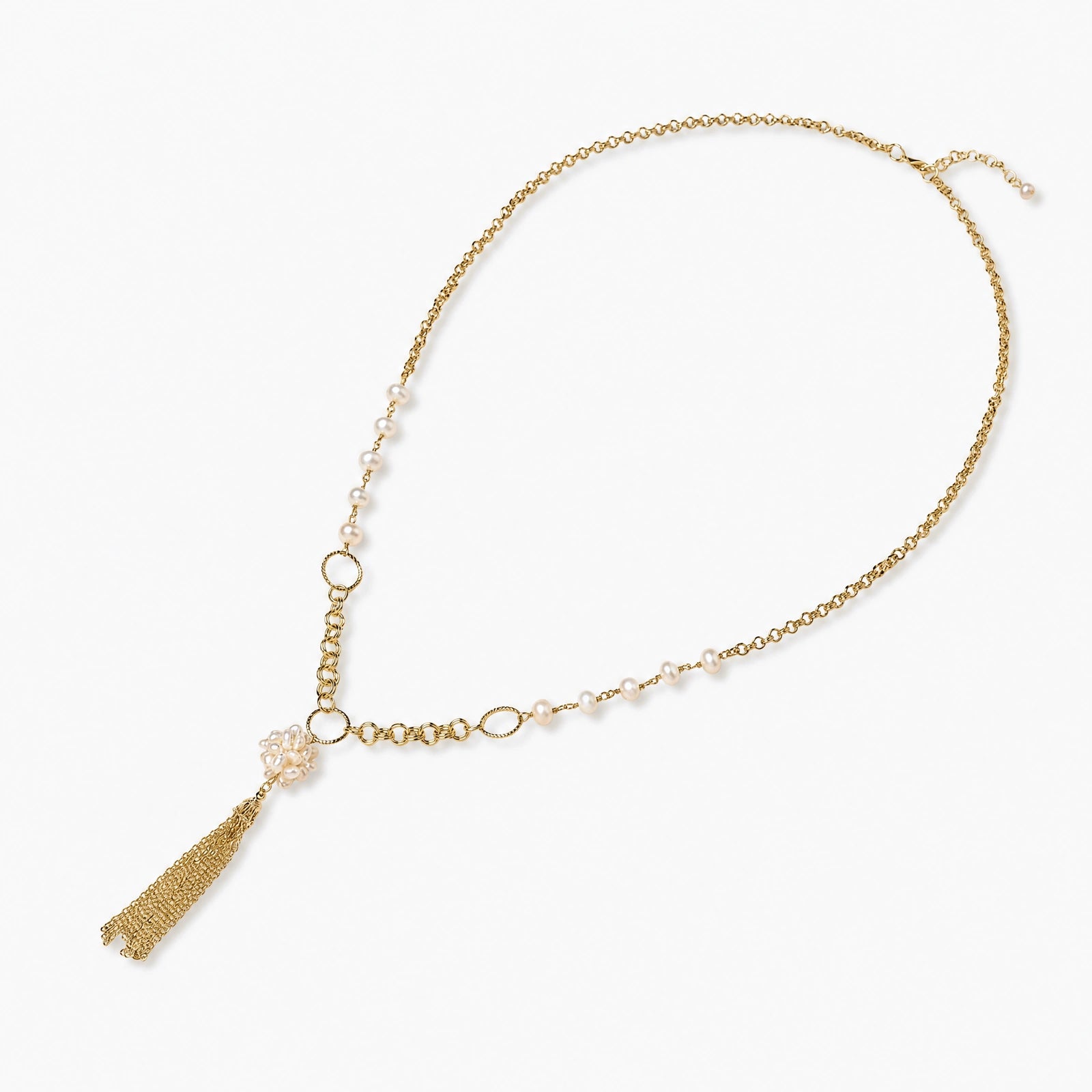 Long gold-plated necklace with freshwater pearls, chunky chain links, and flowing tassel pendant