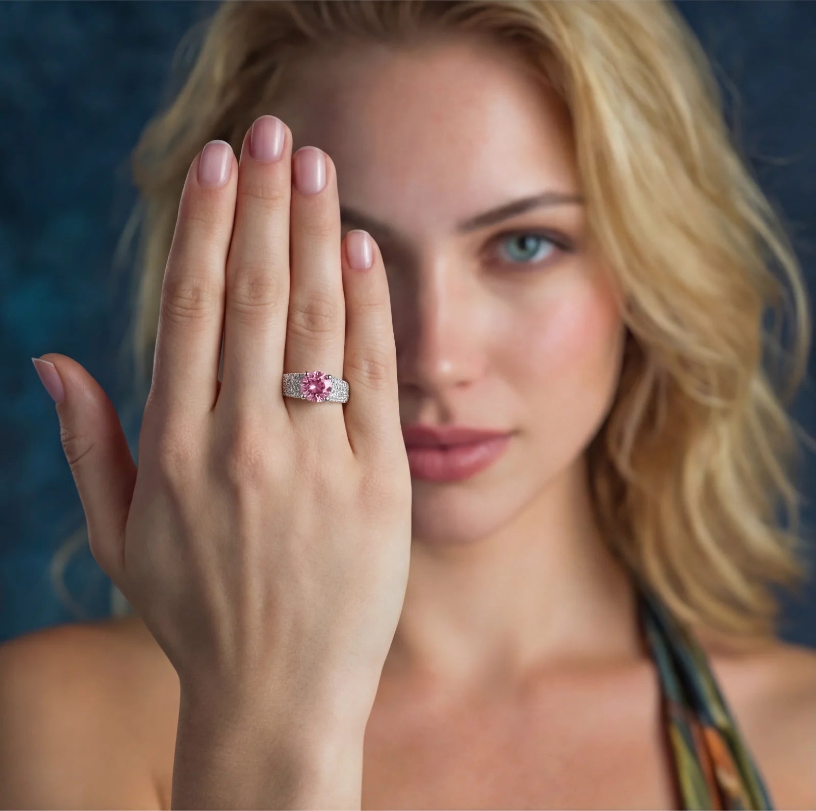 Adjustable sterling silver ring with round pink moissanite center stone and pavé crystal detailing on cream background.