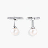 Rhodium-plated sterling silver ear jacket earrings with diamond-set horizontal bar and freshwater pearl drop