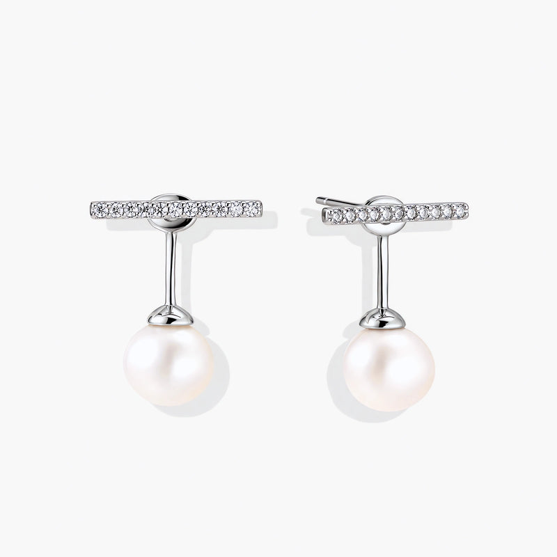Rhodium-plated sterling silver ear jacket earrings with diamond-set horizontal bar and freshwater pearl drop