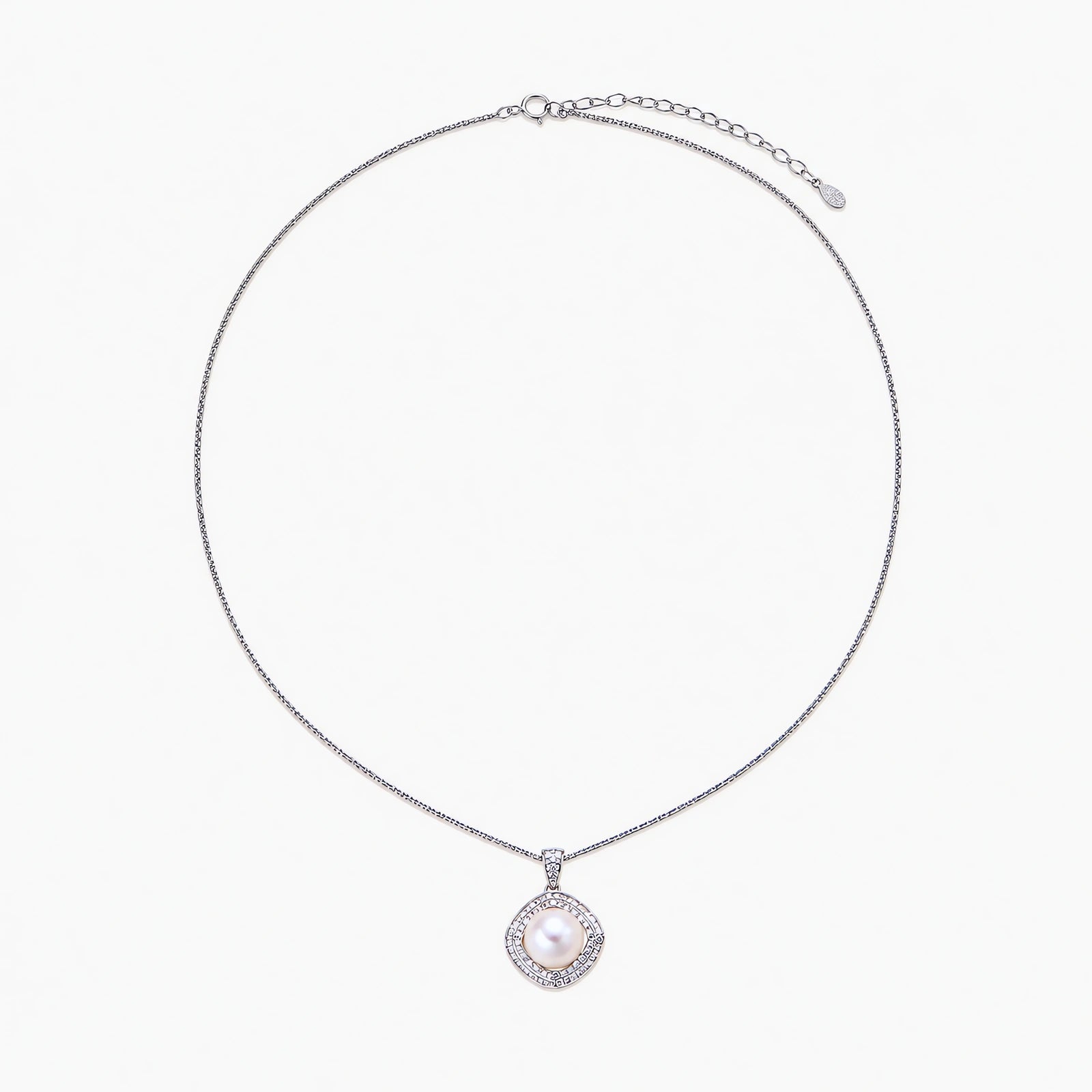 Cushion-shaped double halo pendant with 10mm freshwater pearl center on rhodium-plated sterling silver chain