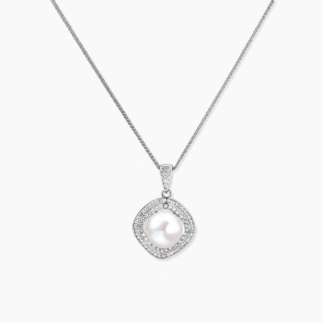 Cushion-shaped double halo pendant with 10mm freshwater pearl center on rhodium-plated sterling silver chain