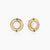 Circular gold stud earrings with iridescent mother-of-pearl center and green zirconia accents on cream background.