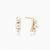 14K gold-plated curved stud earrings with three white freshwater pearls aligned vertically on cream background