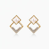 Gold-plated double square frame earrings with freshwater pearl and crystal accents on white background
