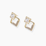 Gold-plated double square frame earrings with freshwater pearl and crystal accents on white background