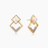 Gold-plated double square frame earrings with freshwater pearl and crystal accents on white background