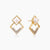 Gold-plated double square frame earrings with freshwater pearl and crystal accents on white background