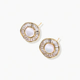 Round 14K gold-plated stud earrings with a mother of pearl center surrounded by baguette-cut crystals, 16mm.