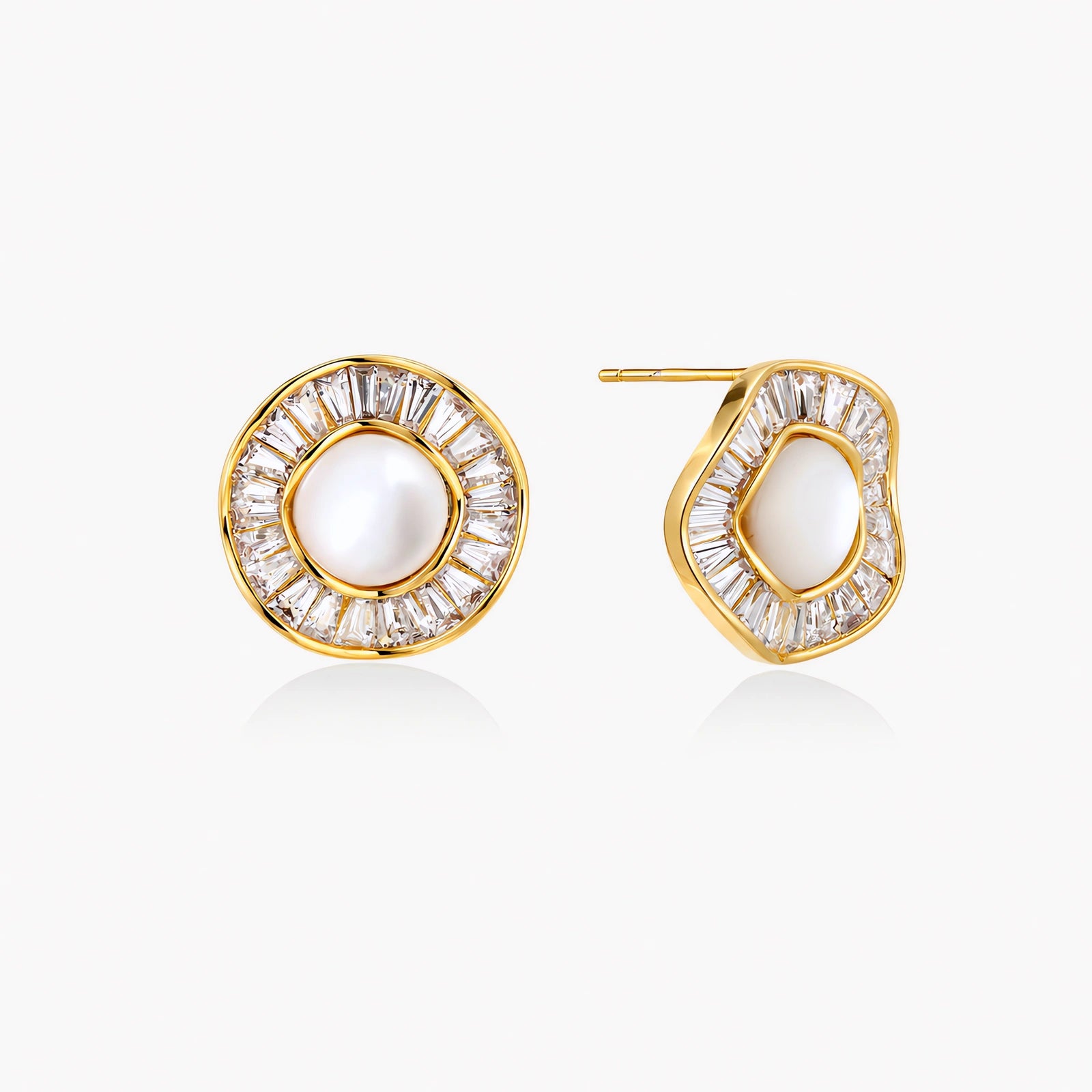 Round 14K gold-plated stud earrings with a mother of pearl center surrounded by baguette-cut crystals, 16mm.