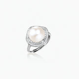Rhodium-plated silver ring with round pearl center, double halo of baguette and round crystals forming cushion shape