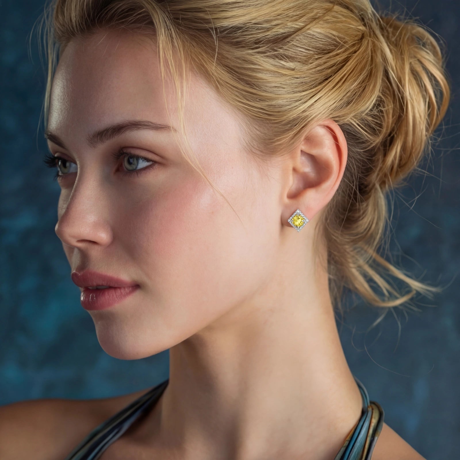 Close-up of diamond-shaped stud earrings with yellow moissanite centers and clear stone halos in sterling silver setting