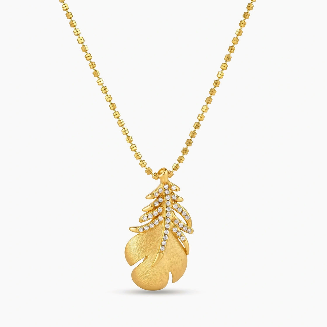 18K gold-plated 925 silver leaf pendant with brushed finish and cubic zirconia accents on a beaded ball chain.