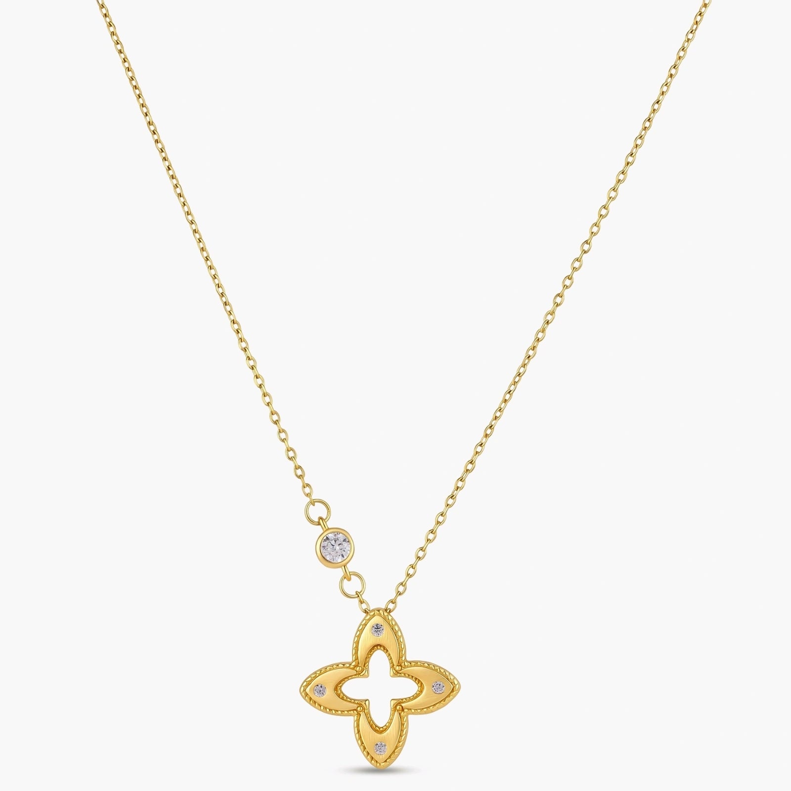 18K gold-plated 925 silver necklace with open four-petal flower pendant, CZ accents, bezel-set stone on chain, white background.
