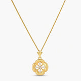 Gold-plated flower pendant necklace with brushed finish, open-work center, marquise CZ stones on wheat chain, S925 stamp.