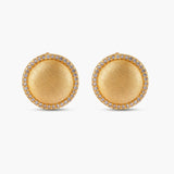 Pair of round dome stud earrings in brushed 18K gold-plated silver with a sparkling CZ halo border, push-back closure.