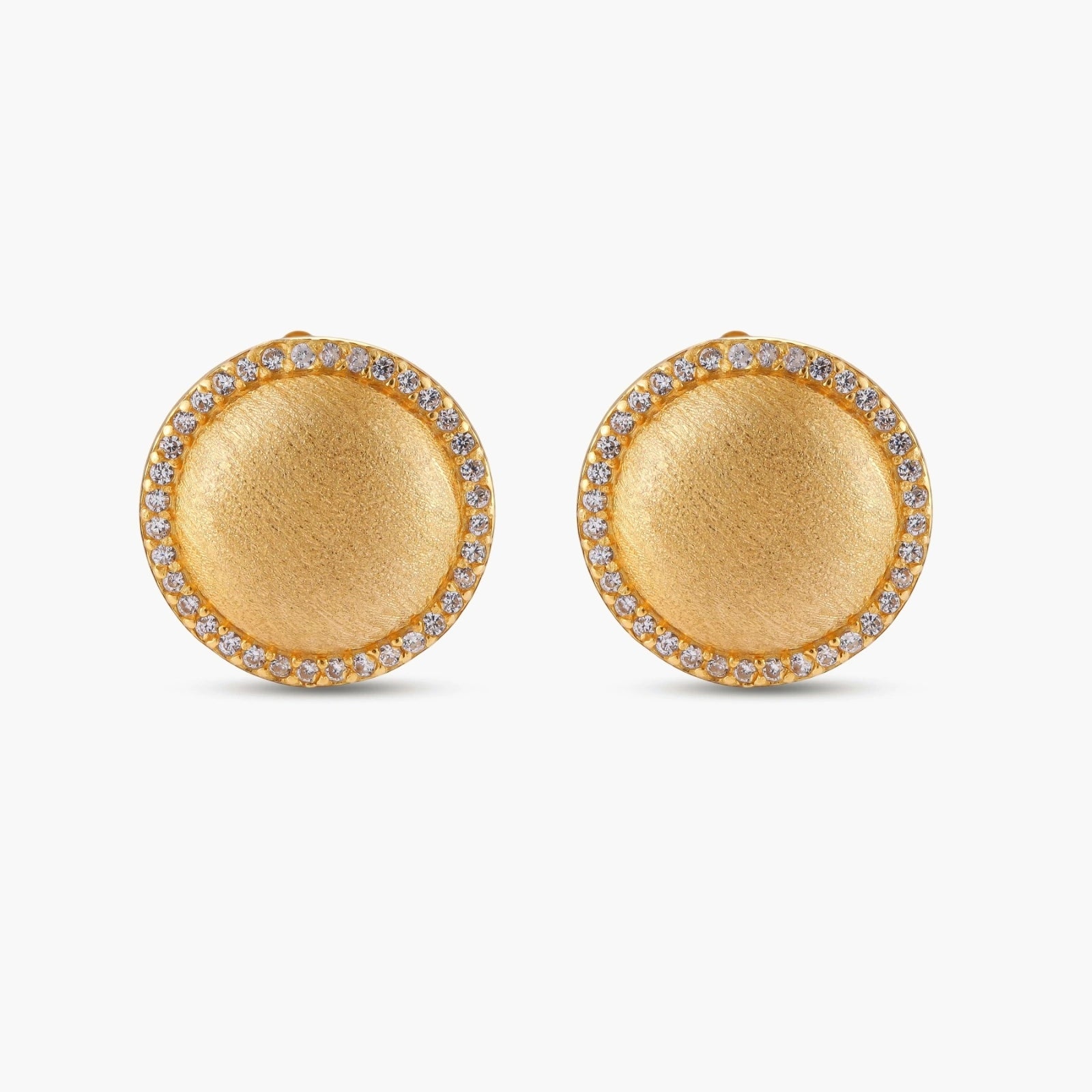 Pair of round dome stud earrings in brushed 18K gold-plated silver with a sparkling CZ halo border, push-back closure.