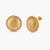 Pair of round dome stud earrings in brushed 18K gold-plated silver with a sparkling CZ halo border, push-back closure.