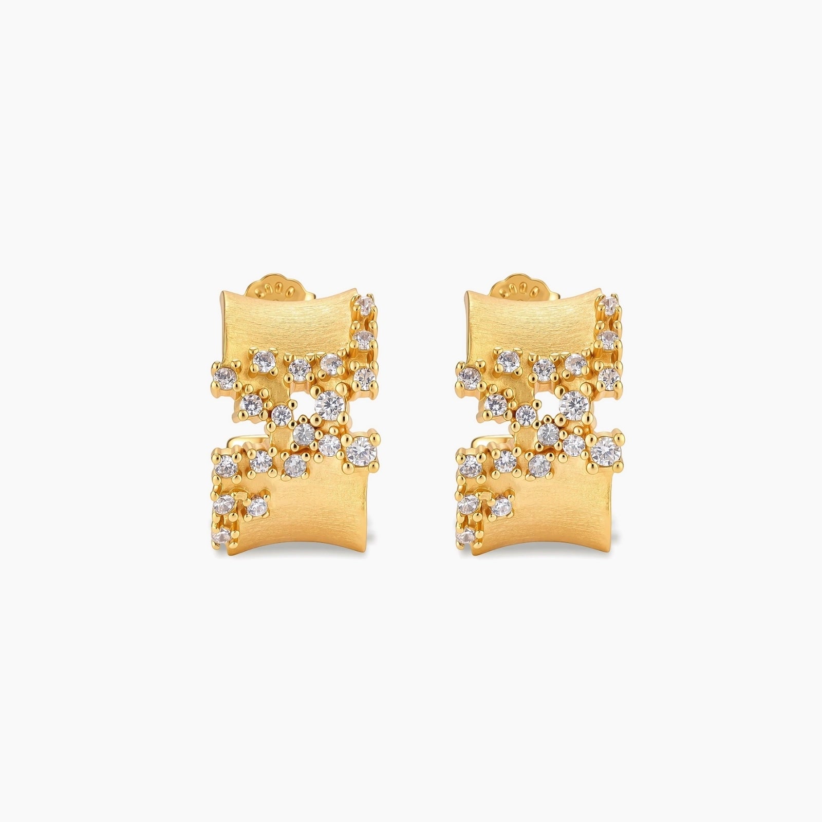 Pair of 18K gold-plated 925 sterling silver C-hoop earrings with brushed finish and scattered cubic zirconia clusters.