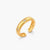 Gold open-band cuff ring with brushed matte finish, engraved 8-point star motifs, and round CZ stones on white background.
