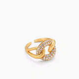 Adjustable 18K gold-plated open cuff ring with interlocking chain links, one brushed gold, one pavé-set cubic zirconia. S925 stamped.