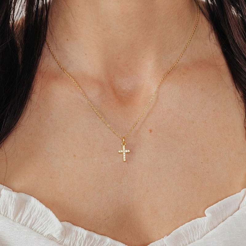 Dainty CZ Cross Adjustable Necklace (Gold)