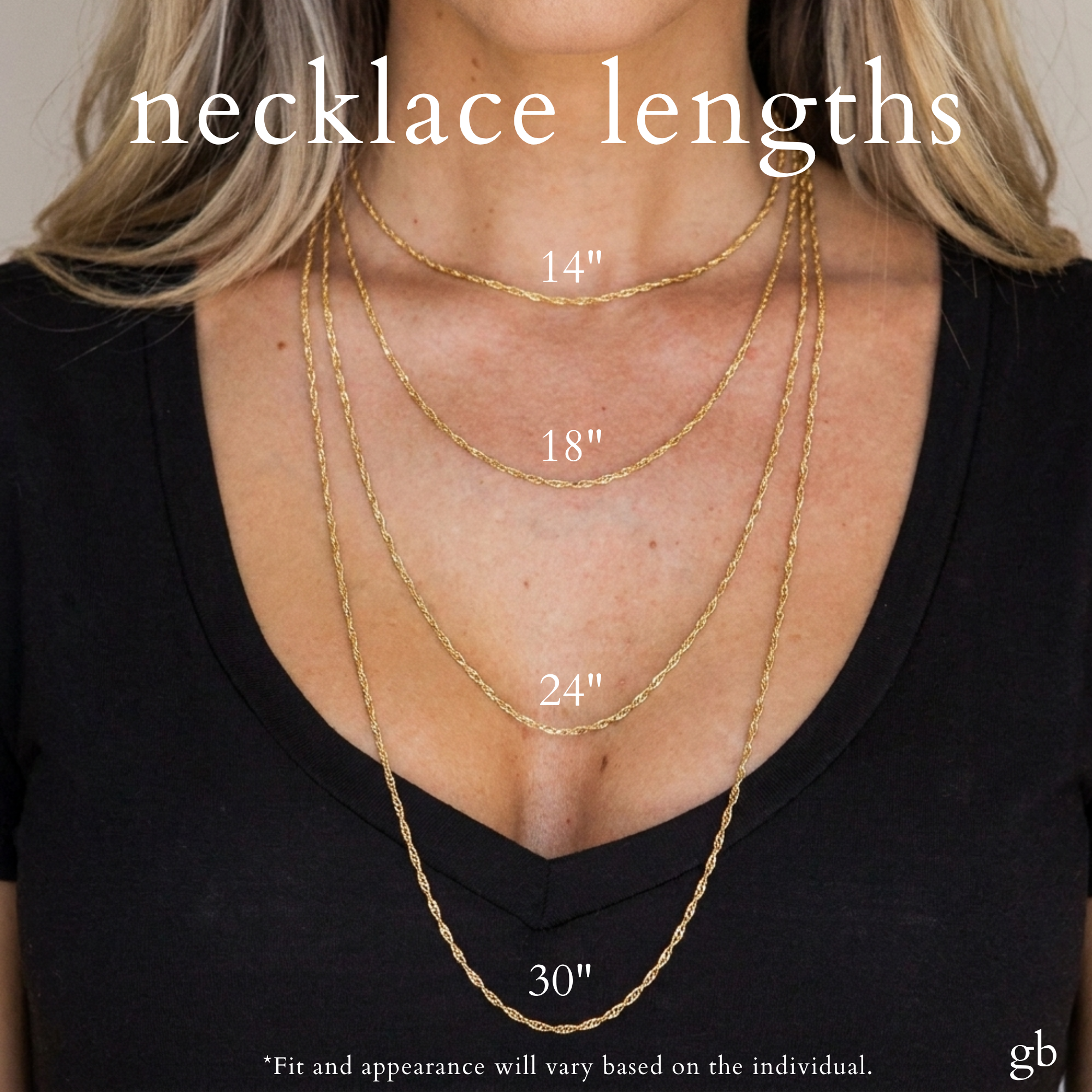 Necklace lengths guide, shown on body (30 inch adjustable chain)